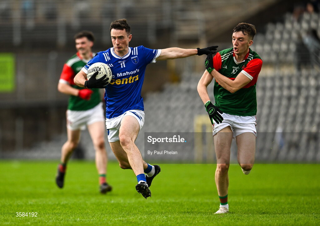 4 October 2026; Shane Carey of Scotstown in action against Gareth Burns of Inniskeen during the Monaghan County Senior Club Football Championship semi-final match between Scotstown and Inniskeen at St Tiernach’s Park in Clones, Monaghan. Photo by Paul Phelan/Sportsfile