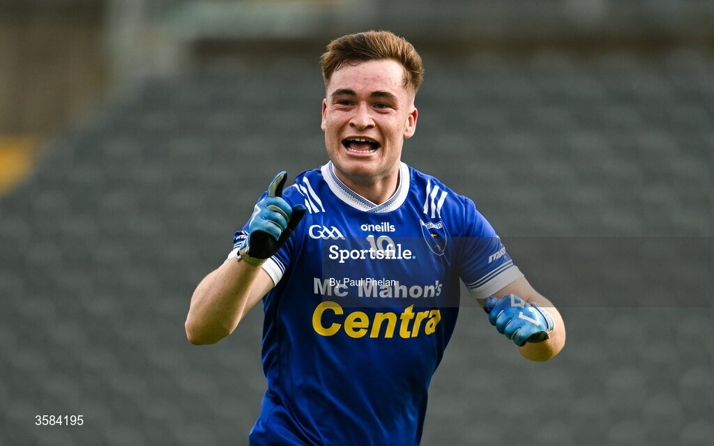 4 October 2026; Max Maguire of Scotstown celebrates scoring a late point during the Monaghan County Senior Club Football Championship semi-final match between Scotstown and Inniskeen at St Tiernach’s Park in Clones, Monaghan. Photo by Paul Phelan/Sportsfile