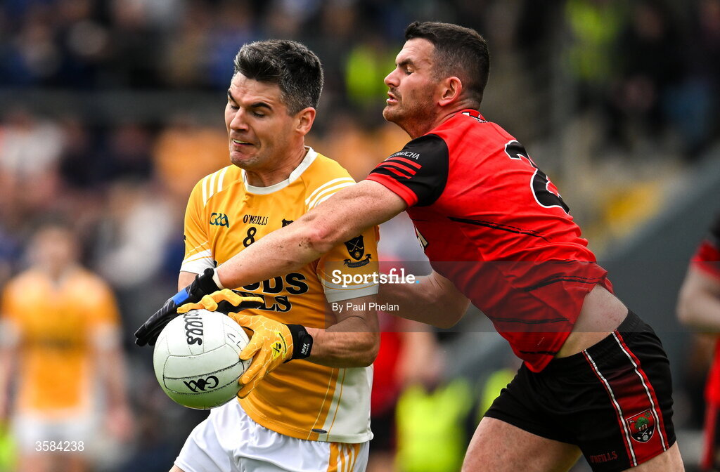 4 October 2026; Brian Greenan of Clontibret O'Neills in action against Aiden Coyle of Gaeil Triucha CLG during the Monaghan County Senior Club Football Championship semi-final match between Clontibret O'Neills and Gaeil Triucha CLG at St Tiernach’s Park in Clones, Monaghan. Photo by Paul Phelan/Sportsfile