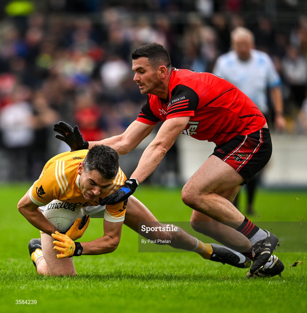 4 October 2026; Brian Greenan of Clontibret O'Neills in action against Aiden Coyle of Gaeil Triucha CLG during the Monaghan County Senior Club Football Championship semi-final match between Clontibret O'Neills and Gaeil Triucha CLG at St Tiernach’s Park in Clones, Monaghan. Photo by Paul Phelan/Sportsfile
