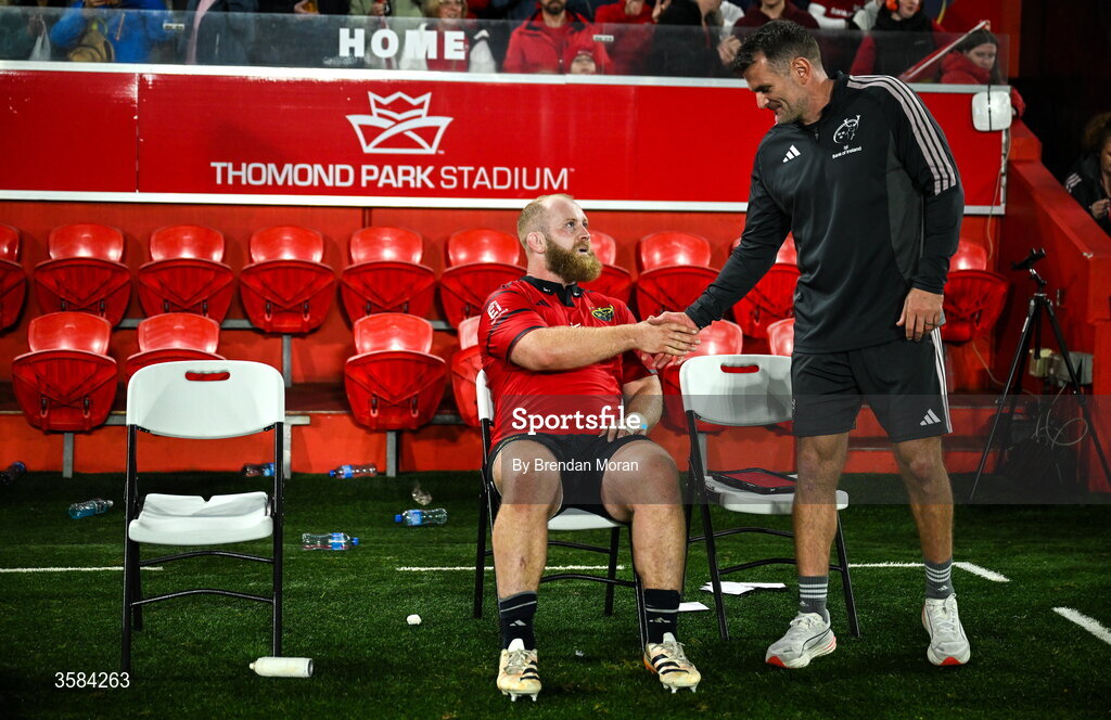 3 October 2026; Jeremy Loughman of Munster, left, and assistant coach Jared Payne after the United Rugby Championship match between Munster and Vodacom Bulls at Thomond Park in Limerick. Photo by Brendan Moran/Sportsfile