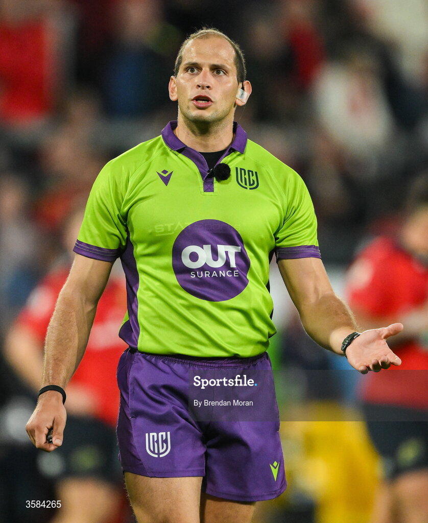3 October 2026; Referee Federico Vedovelli during the United Rugby Championship match between Munster and Vodacom Bulls at Thomond Park in Limerick. Photo by Brendan Moran/Sportsfile