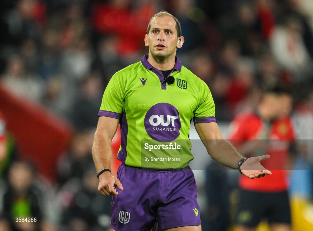 3 October 2026; Referee Federico Vedovelli during the United Rugby Championship match between Munster and Vodacom Bulls at Thomond Park in Limerick. Photo by Brendan Moran/Sportsfile