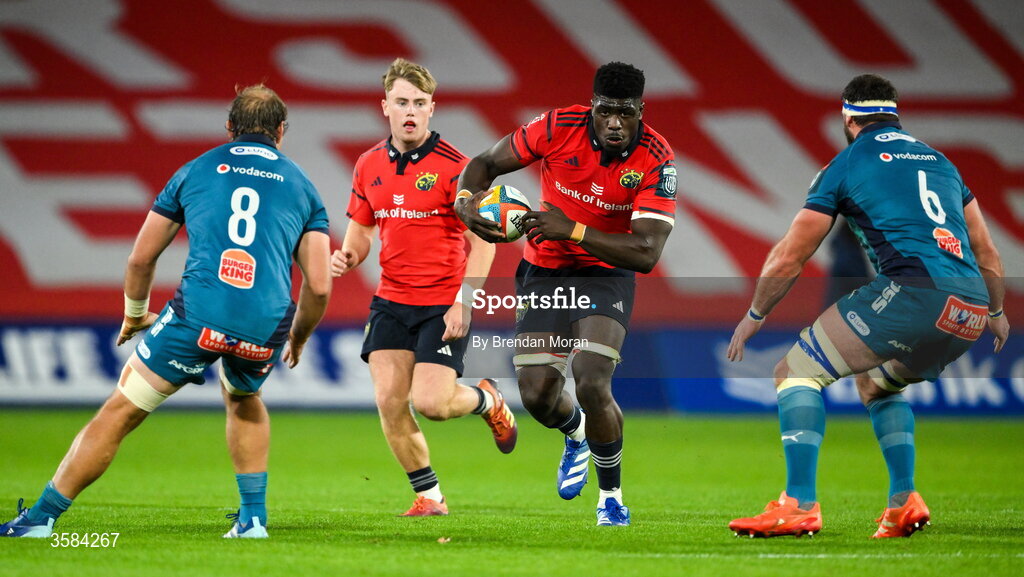 3 October 2026; Sean Edogbo of Munster, centre, during the United Rugby Championship match between Munster and Vodacom Bulls at Thomond Park in Limerick. Photo by Brendan Moran/Sportsfile