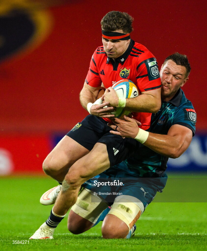3 October 2026; Shane Daly of Munster is tackled by Hanro Liebenberg of Vodacome Bulls during the United Rugby Championship match between Munster and Vodacom Bulls at Thomond Park in Limerick. Photo by Brendan Moran/Sportsfile