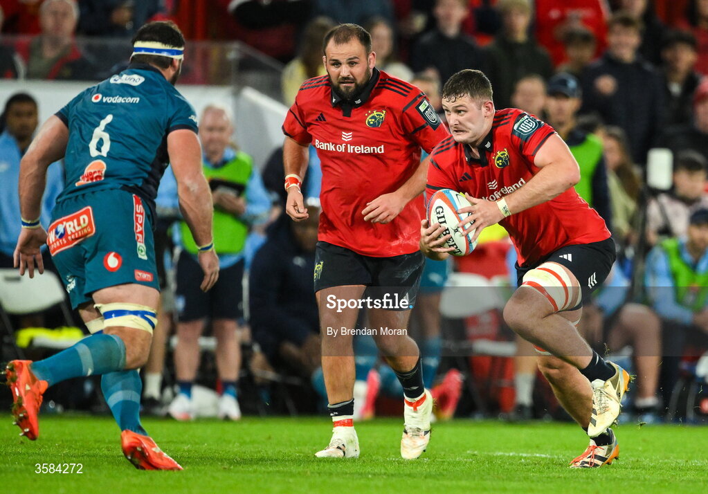 3 October 2026; Evan O'Connell of Munster in action against Marcell Coetzee of Vodacome Bulls during the United Rugby Championship match between Munster and Vodacom Bulls at Thomond Park in Limerick. Photo by Brendan Moran/Sportsfile