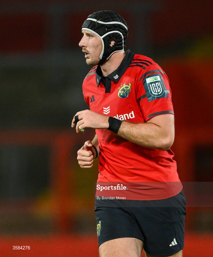 3 October 2026; Tom Ahern of Munster during the United Rugby Championship match between Munster and Vodacom Bulls at Thomond Park in Limerick. Photo by Brendan Moran/Sportsfile