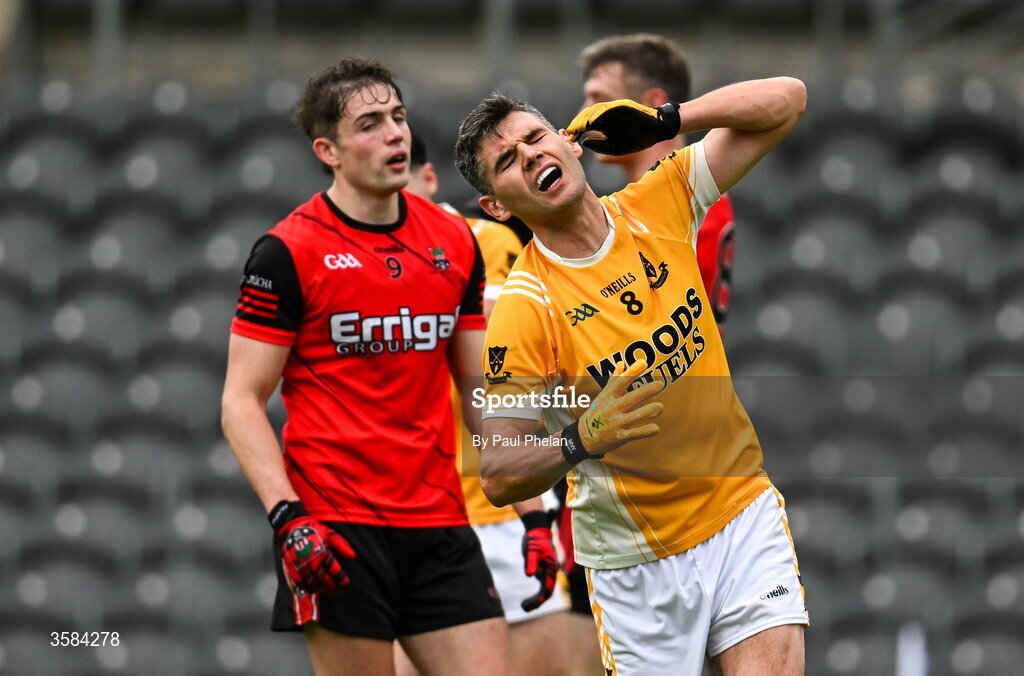 4 October 2026; Brian Greenan of Clontibret O'Neills reacts to scoring a point when aiming for goal during the Monaghan County Senior Club Football Championship semi-final match between Clontibret O'Neills and Gaeil Triucha CLG at St Tiernach’s Park in Clones, Monaghan. Photo by Paul Phelan/Sportsfile
