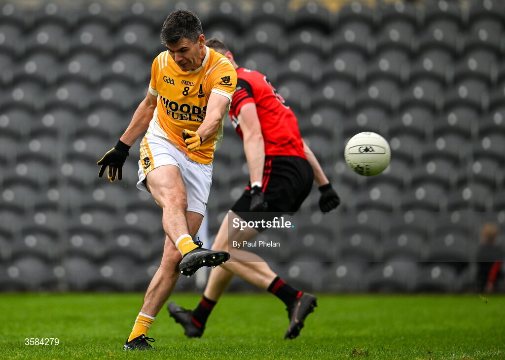 4 October 2026; Brian Greenan of Clontibret O'Neills scores a point during the Monaghan County Senior Club Football Championship semi-final match between Clontibret O'Neills and Gaeil Triucha CLG at St Tiernach’s Park in Clones, Monaghan. Photo by Paul Phelan/Sportsfile
