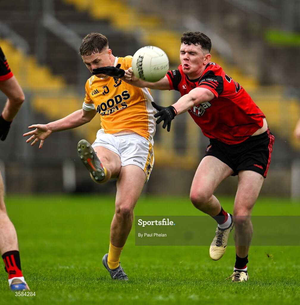 4 October 2026; Evan Treanor of Clontibret O'Neills in action against Adam McCarey of Gaeil Triucha CLG during the Monaghan County Senior Club Football Championship semi-final match between Clontibret O'Neills and Gaeil Triucha CLG at St Tiernach’s Park in Clones, Monaghan. Photo by Paul Phelan/Sportsfile