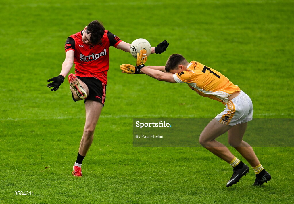 4 October 2026; Sean O'Connell of Gaeil Triucha CLG's shot is blocked down by Jack Brady of Clontibret O'Neills during the Monaghan County Senior Club Football Championship semi-final match between Clontibret O'Neills and Gaeil Triucha CLG at St Tiernach’s Park in Clones, Monaghan. Photo by Paul Phelan/Sportsfile