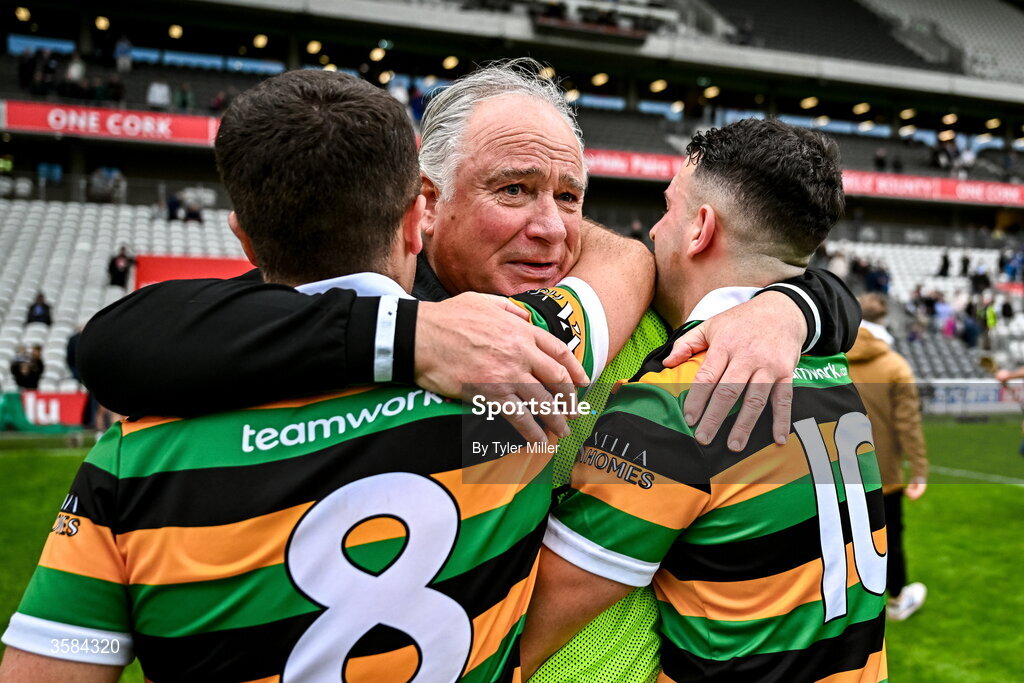 4 October 2026; Glen Rovers manager Tomás Mulcahy celebrates with his players Rhys Dunne, left, and Lee Quilligan after the Cork County Senior Club Hurling Championship semi-final match between Midleton and Glen Rovers at SuperValu Páirc Uí Chaoimh in Cork. Photo by Tyler Miller/Sportsfile