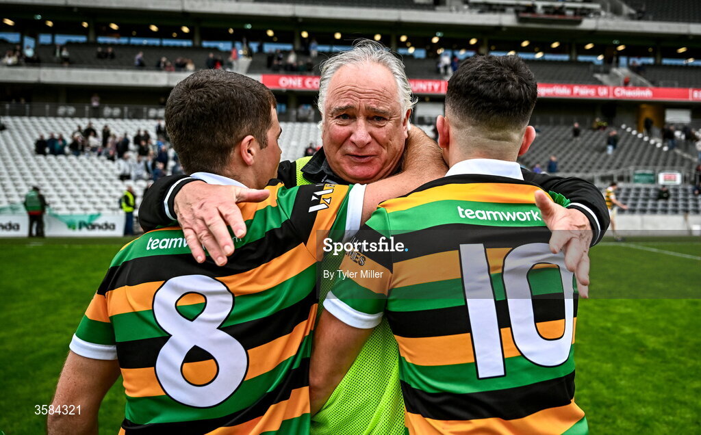 4 October 2026; Glen Rovers manager Tomás Mulcahy celebrates with his players Rhys Dunne, left, and Lee Quilligan after the Cork County Senior Club Hurling Championship semi-final match between Midleton and Glen Rovers at SuperValu Páirc Uí Chaoimh in Cork. Photo by Tyler Miller/Sportsfile
