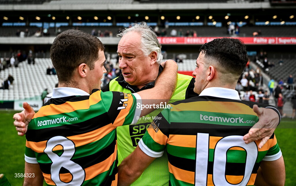 4 October 2026; Glen Rovers manager Tomás Mulcahy celebrates with his players Rhys Dunne, left, and Lee Quilligan after the Cork County Senior Club Hurling Championship semi-final match between Midleton and Glen Rovers at SuperValu Páirc Uí Chaoimh in Cork. Photo by Tyler Miller/Sportsfile