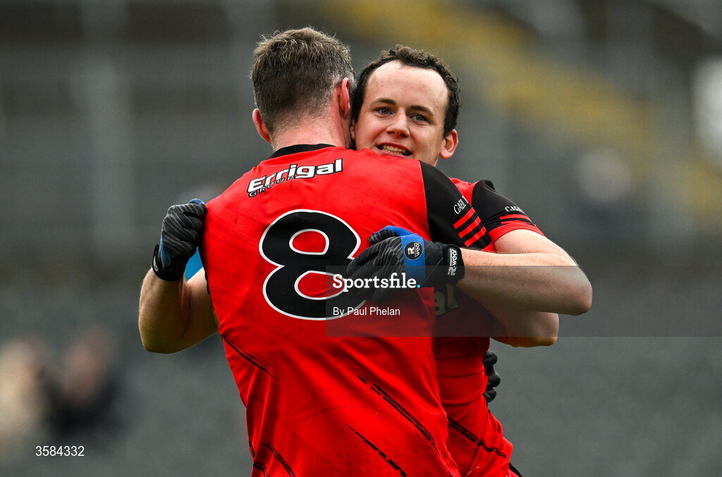 4 October 2026; Darren O'Neill, left, and Kalum McKenna of Gaeil Triucha CLG celebrate after the Monaghan County Senior Club Football Championship semi-final match between Clontibret O'Neills and Gaeil Triucha CLG at St Tiernach’s Park in Clones, Monaghan. Photo by Paul Phelan/Sportsfile