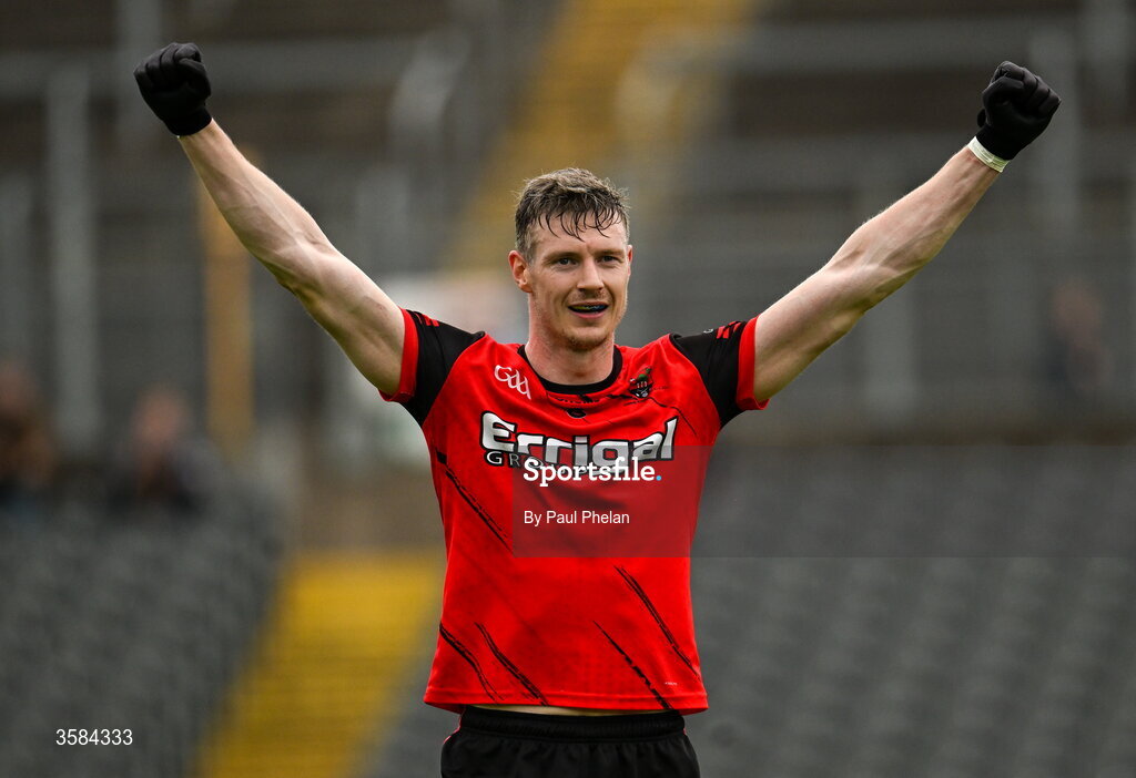 4 October 2026; Darren O'Neill of Gaeil Triucha CLG celebrates after the Monaghan County Senior Club Football Championship semi-final match between Clontibret O'Neills and Gaeil Triucha CLG at St Tiernach’s Park in Clones, Monaghan. Photo by Paul Phelan/Sportsfile
