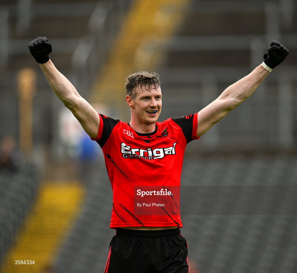 4 October 2026; Darren O'Neill of Gaeil Triucha CLG celebrates after the Monaghan County Senior Club Football Championship semi-final match between Clontibret O'Neills and Gaeil Triucha CLG at St Tiernach’s Park in Clones, Monaghan. Photo by Paul Phelan/Sportsfile