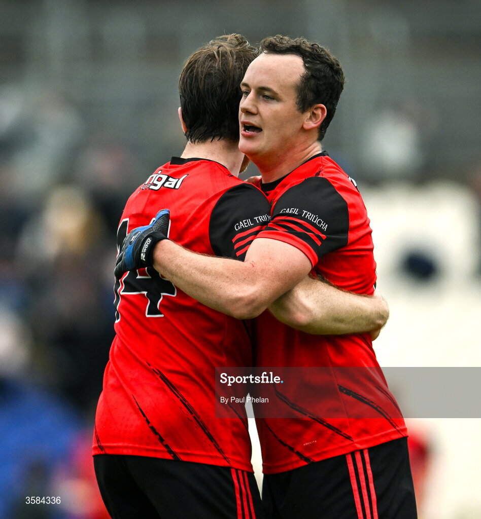 4 October 2026; Oran McElligott, left, and Kalum McKenna of Gaeil Triucha CLG celebrate after the Monaghan County Senior Club Football Championship semi-final match between Clontibret O'Neills and Gaeil Triucha CLG at St Tiernach’s Park in Clones, Monaghan. Photo by Paul Phelan/Sportsfile