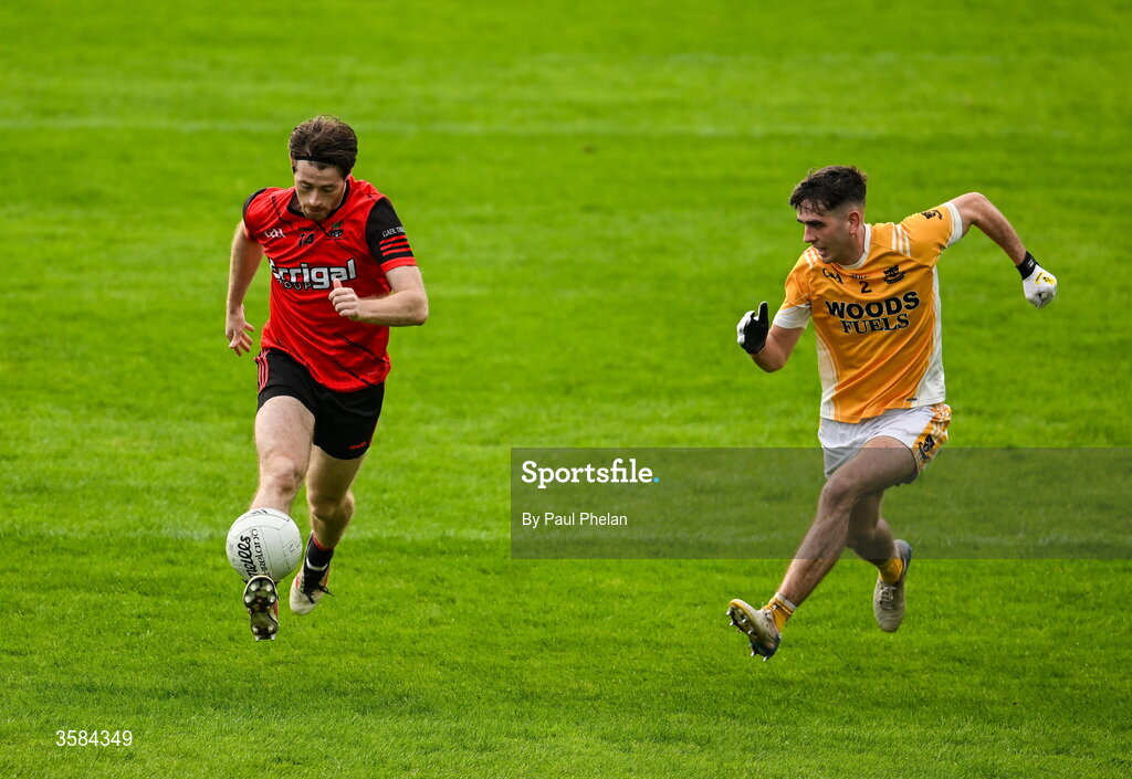 4 October 2026; Oran McElligott of Gaeil Triucha CLG in action against Shane Myers of Clontibret O'Neills during the Monaghan County Senior Club Football Championship semi-final match between Clontibret O'Neills and Gaeil Triucha CLG at St Tiernach’s Park in Clones, Monaghan. Photo by Paul Phelan/Sportsfile