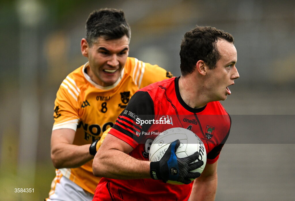 4 October 2026; Kalum McKenna of Gaeil Triucha CLG in action against Brian Greenan of Clontibret O'Neills during the Monaghan County Senior Club Football Championship semi-final match between Clontibret O'Neills and Gaeil Triucha CLG at St Tiernach’s Park in Clones, Monaghan. Photo by Paul Phelan/Sportsfile