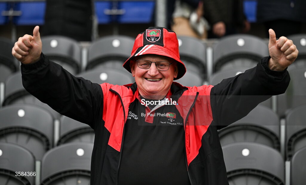 4 October 2026; Gaeil Triucha CLG supporter Kieran Treanor celebrates after the Monaghan County Senior Club Football Championship semi-final match between Clontibret O'Neills and Gaeil Triucha CLG at St Tiernach’s Park in Clones, Monaghan. Photo by Paul Phelan/Sportsfile
