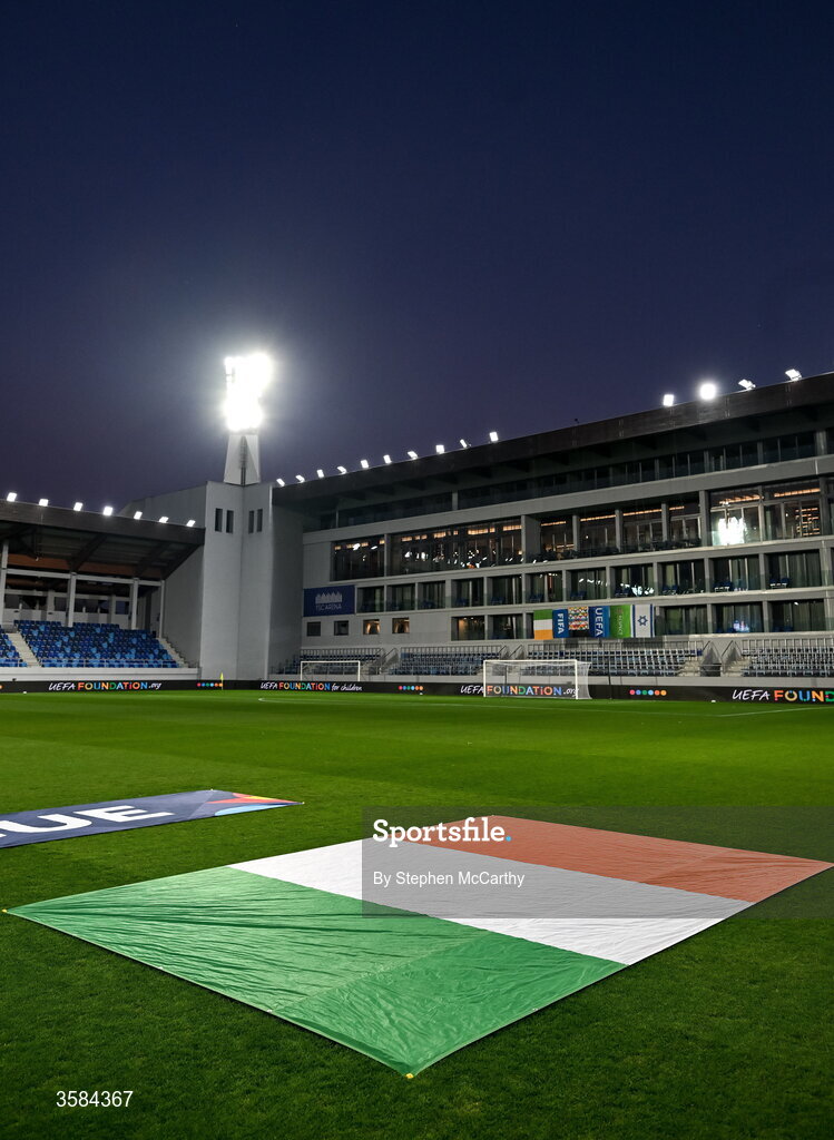 4 October 2026; The Irish tricolour is laid out on the pitch during rehearsals for the pre-match protocol before the UEFA Nations League B match between the Republic of Ireland and Israel at TSC Arena in Backa Topola, Serbia. Photo by Stephen McCarthy/Sportsfile