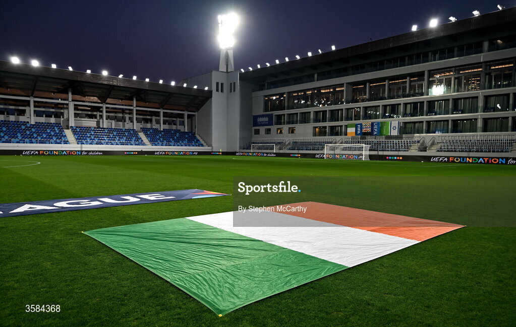 4 October 2026; The Irish tricolour is laid out on the pitch during rehearsals for the pre-match protocol before the UEFA Nations League B match between the Republic of Ireland and Israel at TSC Arena in Backa Topola, Serbia. Photo by Stephen McCarthy/Sportsfile