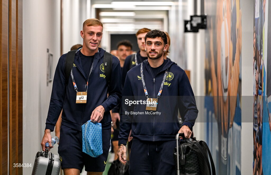 4 October 2026; Killian Phillips, left, and Troy Parrott of Republic of Ireland arrive before the UEFA Nations League B match between the Republic of Ireland and Israel at TSC Arena in Backa Topola, Serbia. Photo by Stephen McCarthy/Sportsfile