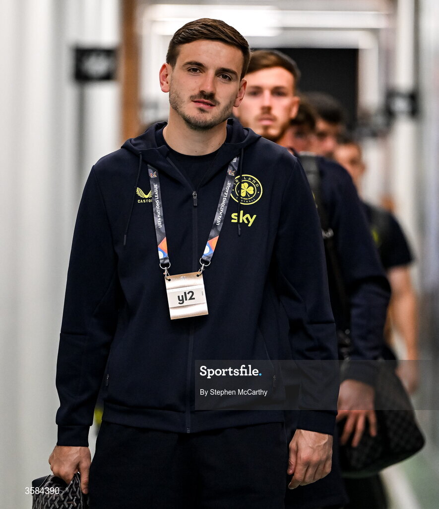 4 October 2026; Liam Kitching of Republic of Ireland arrives before the UEFA Nations League B match between the Republic of Ireland and Israel at TSC Arena in Backa Topola, Serbia. Photo by Stephen McCarthy/Sportsfile