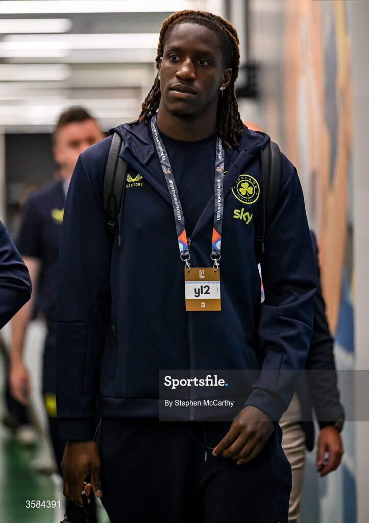 4 October 2026; Bosun Lawal of Republic of Ireland arrives before the UEFA Nations League B match between the Republic of Ireland and Israel at TSC Arena in Backa Topola, Serbia. Photo by Stephen McCarthy/Sportsfile