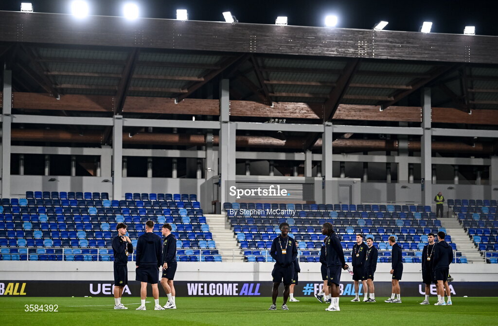 4 October 2026; Republic of Ireland players walk the pitch before the UEFA Nations League B match between the Republic of Ireland and Israel at TSC Arena in Backa Topola, Serbia. Photo by Stephen McCarthy/Sportsfile
