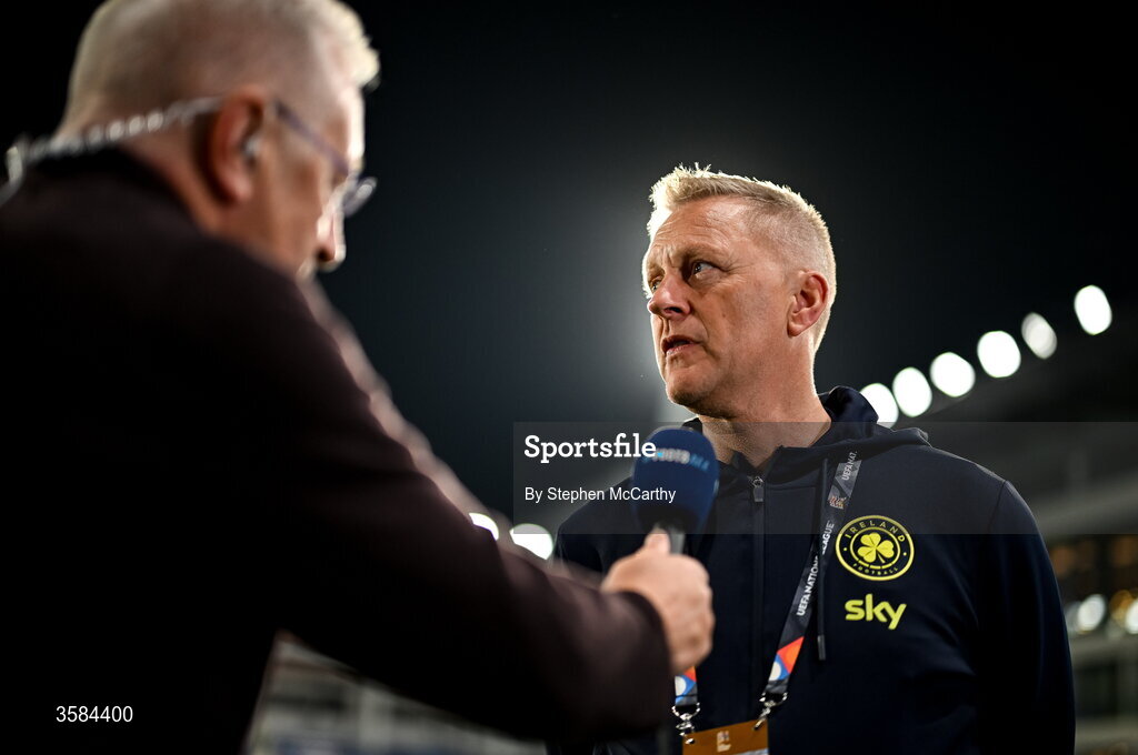 4 October 2026; Republic of Ireland head coach Heimir Hallgrimsson is interviewed by Tony O'Donoghue of RTÉ before the UEFA Nations League B match between the Republic of Ireland and Israel at TSC Arena in Backa Topola, Serbia. Photo by Stephen McCarthy/Sportsfile