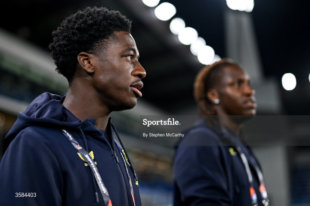 4 October 2026; James Abankwah, left, and Bosun Lawal of Republic of Ireland walk the pitch before the UEFA Nations League B match between the Republic of Ireland and Israel at TSC Arena in Backa Topola, Serbia. Photo by Stephen McCarthy/Sportsfile