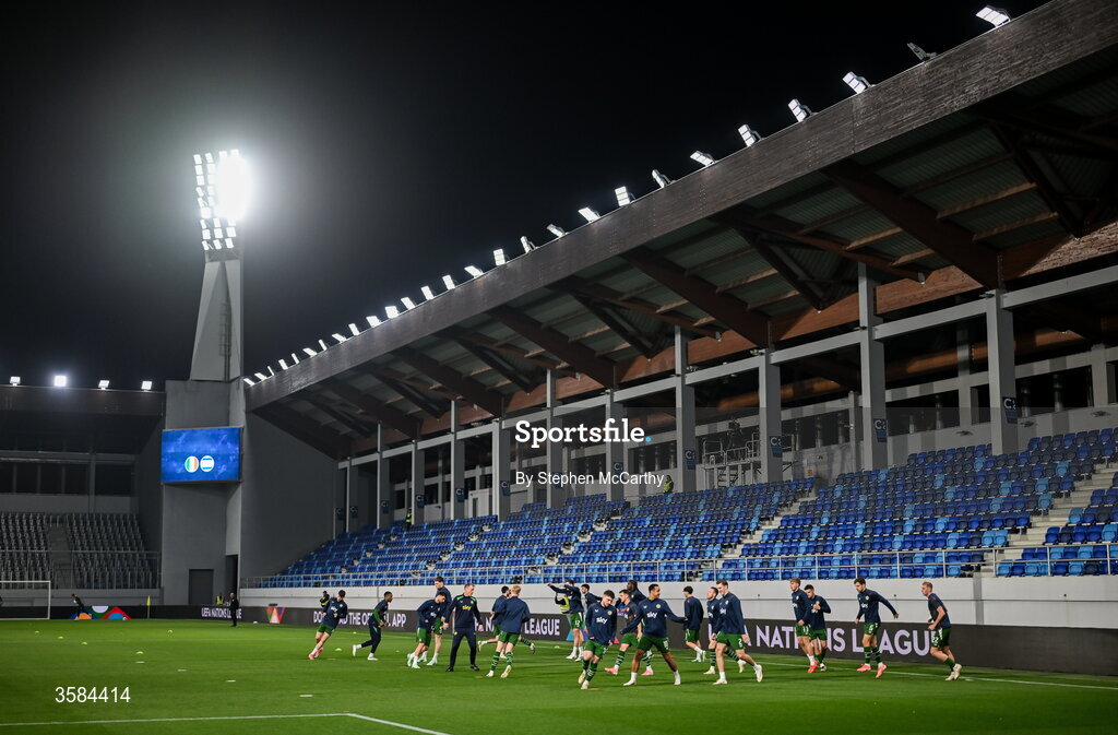 4 October 2026; Republic of Ireland players warm up in front of an empty stand, as the game is played behind closed doors, before the UEFA Nations League B match between the Republic of Ireland and Israel at TSC Arena in Backa Topola, Serbia. Photo by Stephen McCarthy/Sportsfile
