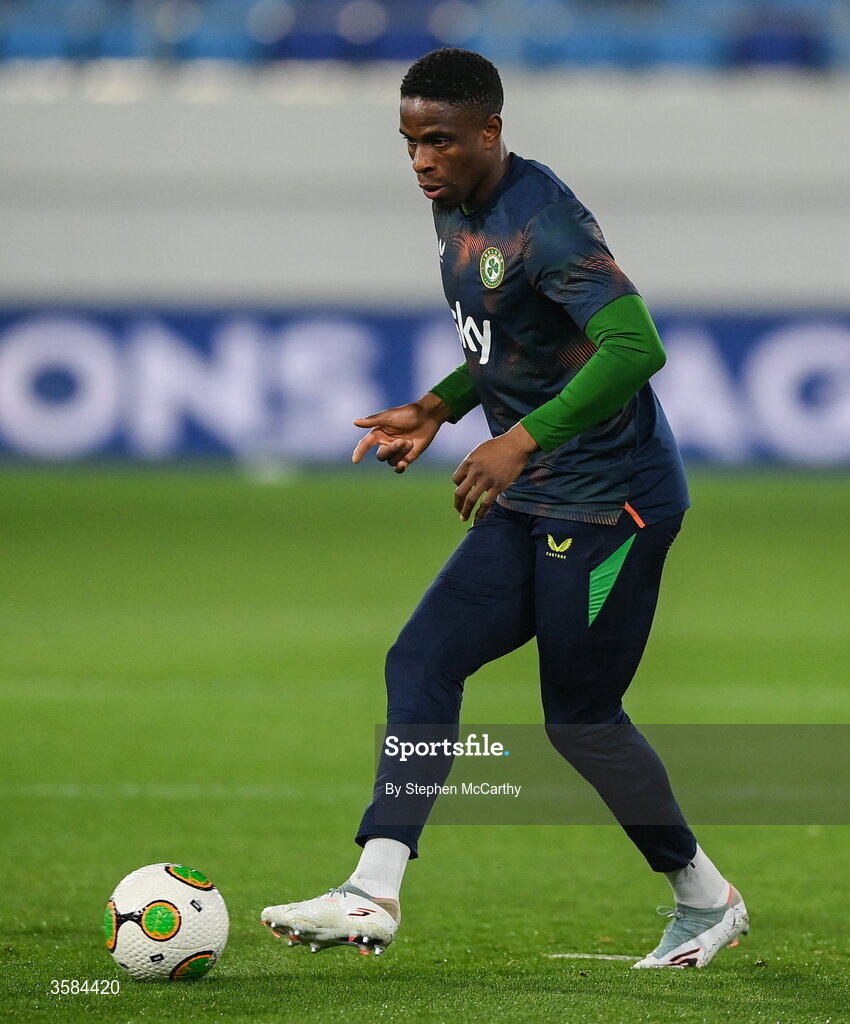 4 October 2026; Chiedozie Ogbene of Republic of Ireland warms up before the UEFA Nations League B match between the Republic of Ireland and Israel at TSC Arena in Backa Topola, Serbia. Photo by Stephen McCarthy/Sportsfile