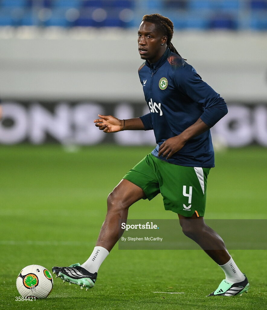 4 October 2026; Bosun Lawal of Republic of Ireland warms up before the UEFA Nations League B match between the Republic of Ireland and Israel at TSC Arena in Backa Topola, Serbia. Photo by Stephen McCarthy/Sportsfile