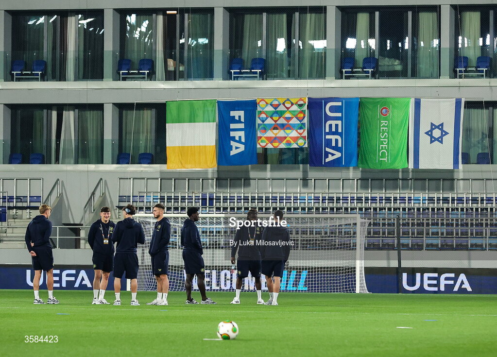 4 October 2026; Republic of Ireland players walk the pitch before the UEFA Nations League B match between the Republic of Ireland and Israel at TSC Arena in Backa Topola, Serbia. Photo by Luka Milosavljevic/Sportsfile