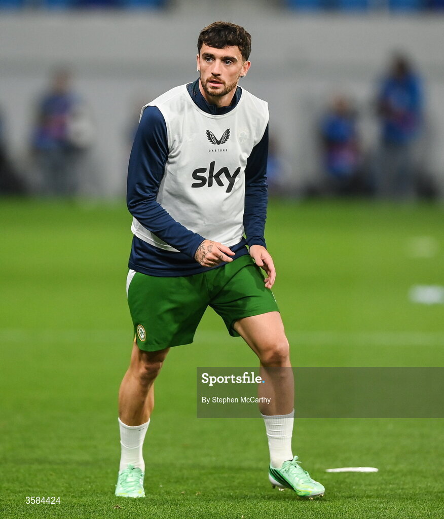 4 October 2026; Troy Parrott of Republic of Ireland warms up before the UEFA Nations League B match between the Republic of Ireland and Israel at TSC Arena in Backa Topola, Serbia. Photo by Stephen McCarthy/Sportsfile