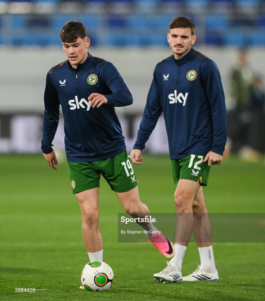 4 October 2026; Owen Elding, left, and Liam Kitching of Republic of Ireland warm up before the UEFA Nations League B match between the Republic of Ireland and Israel at TSC Arena in Backa Topola, Serbia. Photo by Stephen McCarthy/Sportsfile