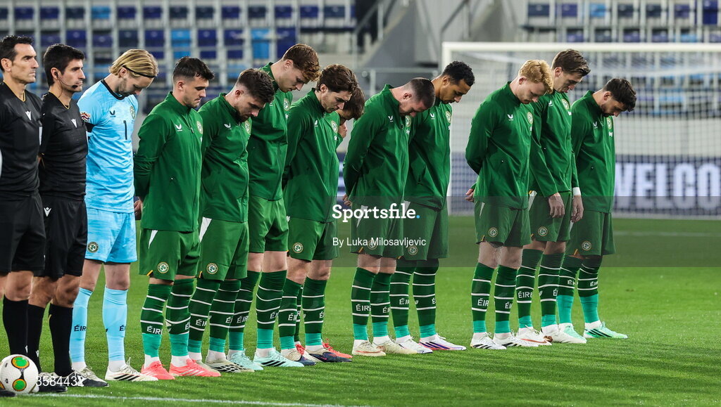 4 October 2026; The Republic of Ireland team, wearing black armbands in recognition for all the lives lost in the conflict in Gaza, bow their heads during the Israeli national anthem before the UEFA Nations League B match between the Republic of Ireland and Israel at TSC Arena in Backa Topola, Serbia. Photo by Luka Milosavljevic/Sportsfile