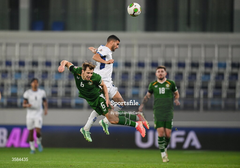 4 October 2026; Jayson Molumby of Republic of Ireland and Liel Abada of Israel contest a header during the UEFA Nations League B match between the Republic of Ireland and Israel at TSC Arena in Backa Topola, Serbia. Photo by Stephen McCarthy/Sportsfile