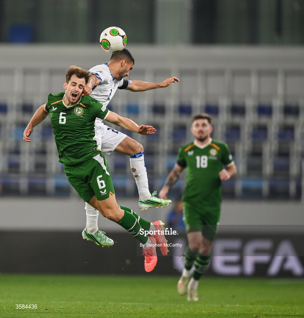 4 October 2026; Jayson Molumby of Republic of Ireland and Liel Abada of Israel contest a header during the UEFA Nations League B match between the Republic of Ireland and Israel at TSC Arena in Backa Topola, Serbia. Photo by Stephen McCarthy/Sportsfile