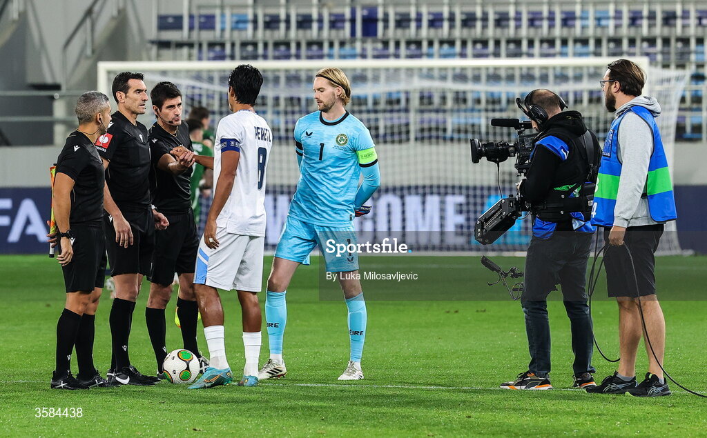 4 October 2026; Israel captain Dor Peretz shakes hands with referee Juan Martínez Munuera, in the company of Republic of Ireland captain Caoimhín Kelleher, before the UEFA Nations League B match between the Republic of Ireland and Israel at TSC Arena in Backa Topola, Serbia. Photo by Luka Milosavljevic/Sportsfile