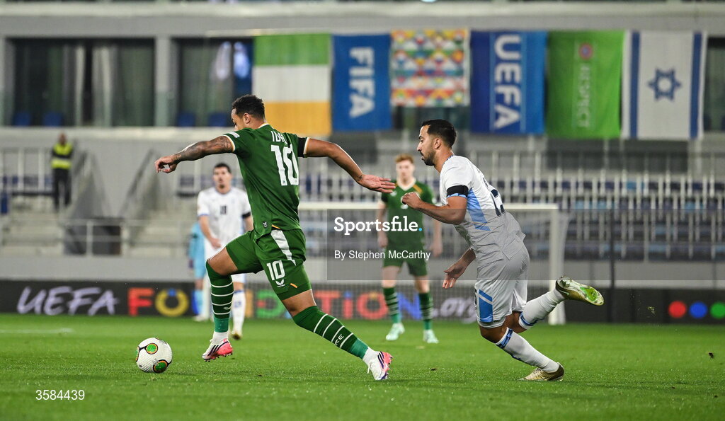 4 October 2026; Adam Idah of Republic of Ireland in action against Eliel Peretz of Israel during the UEFA Nations League B match between the Republic of Ireland and Israel at TSC Arena in Backa Topola, Serbia. Photo by Stephen McCarthy/Sportsfile
