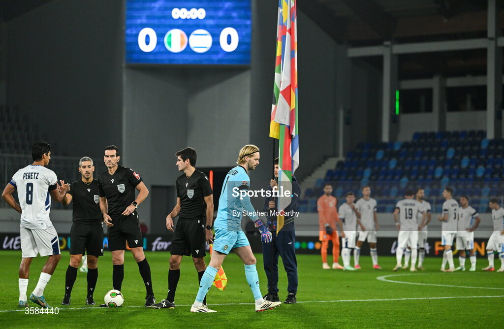4 October 2026;  Israel captain Dor Peretz shakes hands with referee Juan Martínez Munuera, as Republic of Ireland captain Caoimhín Kelleher walks away, before the UEFA Nations League B match between the Republic of Ireland and Israel at TSC Arena in Backa Topola, Serbia. Photo by Stephen McCarthy/Sportsfile