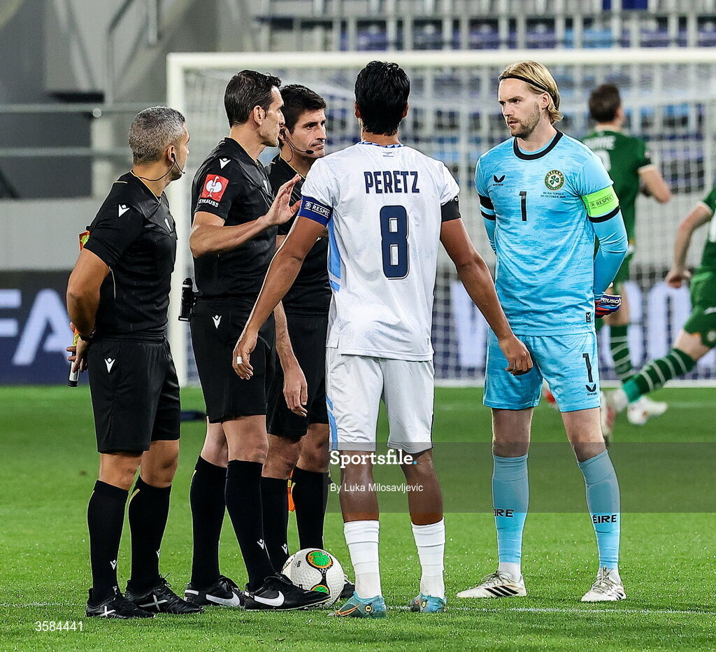 4 October 2026;  Israel captain Dor Peretz and Republic of Ireland captain Caoimhín Kelleher with referee Juan Martínez Munuera during the coin toss before the UEFA Nations League B match between the Republic of Ireland and Israel at TSC Arena in Backa Topola, Serbia. Photo by Luka Milosavljevic/Sportsfile