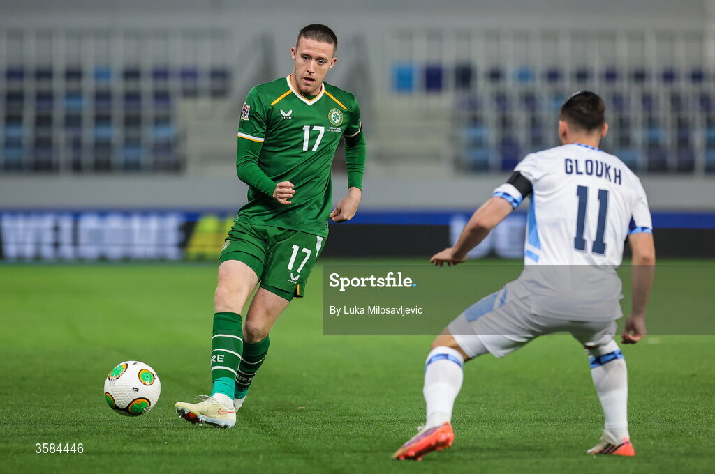 4 October 2026; Jack Moylan of Republic of Ireland in action against Oscar Gloukh of Israel during the UEFA Nations League B match between the Republic of Ireland and Israel at TSC Arena in Backa Topola, Serbia. Photo by Luka Milosavljevic/Sportsfile