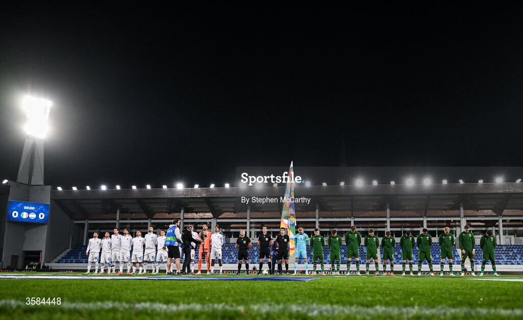 4 October 2026; The Republic of Ireland team, wearing black armbands in recognition for all the lives lost in the conflict in Gaza, bow their heads during the Israeli national anthem before the UEFA Nations League B match between the Republic of Ireland and Israel at TSC Arena in Backa Topola, Serbia. Photo by Stephen McCarthy/Sportsfile