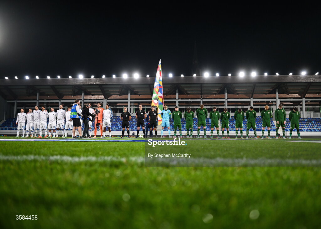 4 October 2026; The Republic of Ireland team, wearing black armbands in recognition for all the lives lost in the conflict in Gaza, bow their heads during the Israeli national anthem before the UEFA Nations League B match between the Republic of Ireland and Israel at TSC Arena in Backa Topola, Serbia. Photo by Stephen McCarthy/Sportsfile