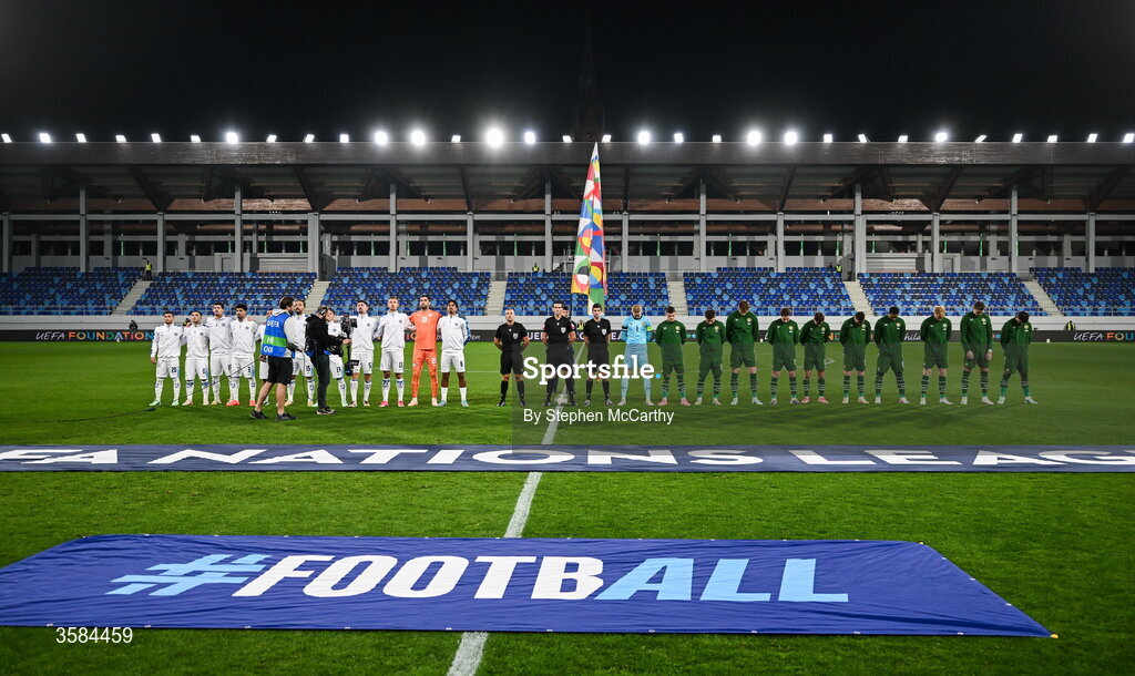 4 October 2026; The Republic of Ireland team, wearing black armbands in recognition for all the lives lost in the conflict in Gaza, bow their heads during the Israeli national anthem before the UEFA Nations League B match between the Republic of Ireland and Israel at TSC Arena in Backa Topola, Serbia. Photo by Stephen McCarthy/Sportsfile